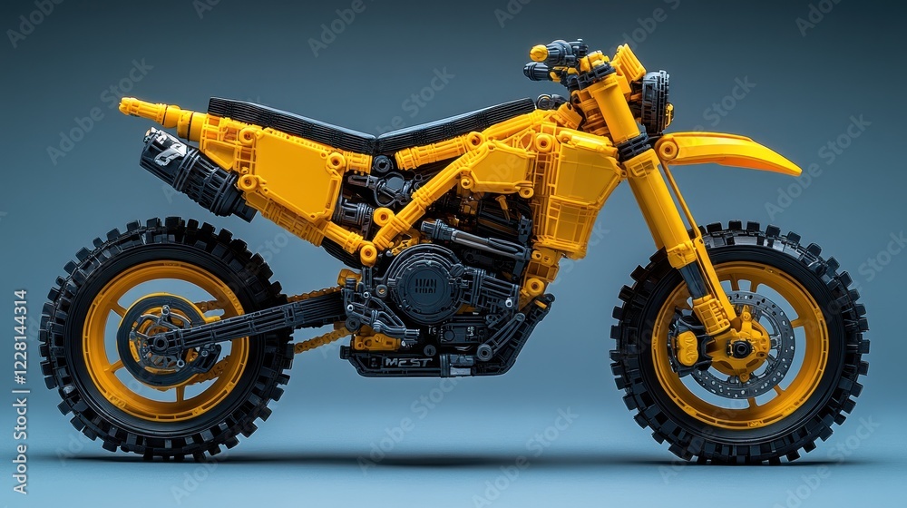 Yellow toy motorcycle with black tires and detailed engine, shown on a blue background. Yellow toy motorcycle with black tires and detailed engine, shown on a blue background.