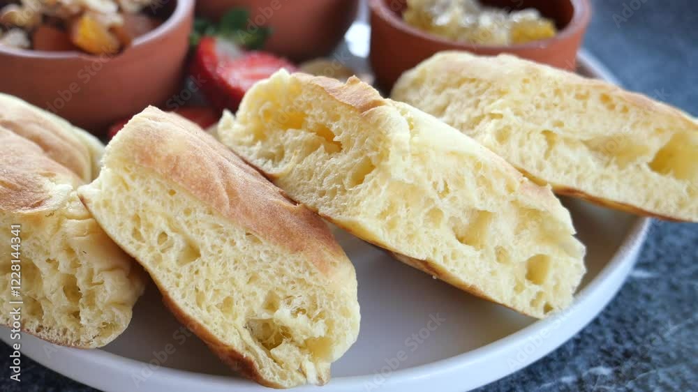 Fluffy baked goods served with fresh fruit