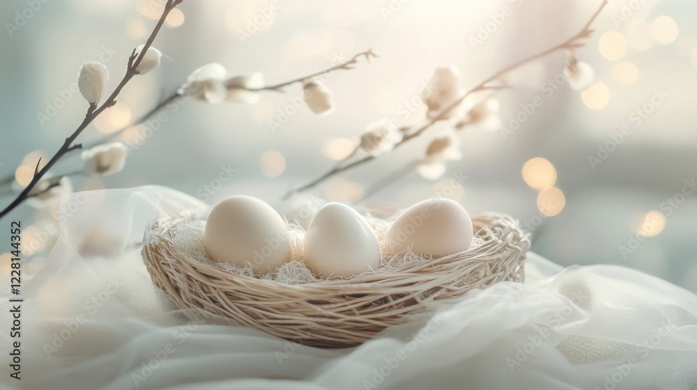 White eggs arranged in a natural nest surrounded by soft textures and delicate branches in a tranquil setting White eggs arranged in a natural nest surrounded by soft textures and delicate branches in a tranquil setting
