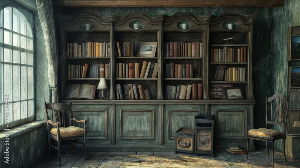 A room with a large bookcase filled with books and a lamp.