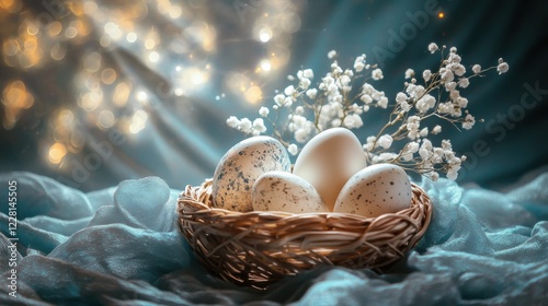 Decorative eggs arranged in a woven basket surrounded by delicate flowers and soft fabric with a shimmering background