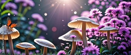 Enchanted Forest: A whimsical scene unfolds in a vibrant forest, where delicate mushrooms stand tall amongst a field of blooming purple flowers, as a Monarch butterfly flutters past. photo