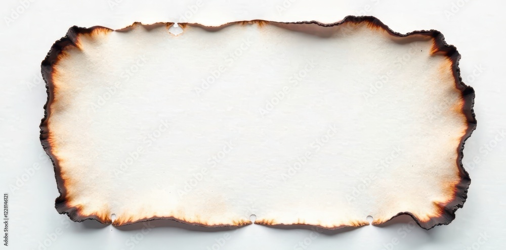 Fototapeta premium Crisp white background showcases charred paper edges, varying degrees of burn , brown, background