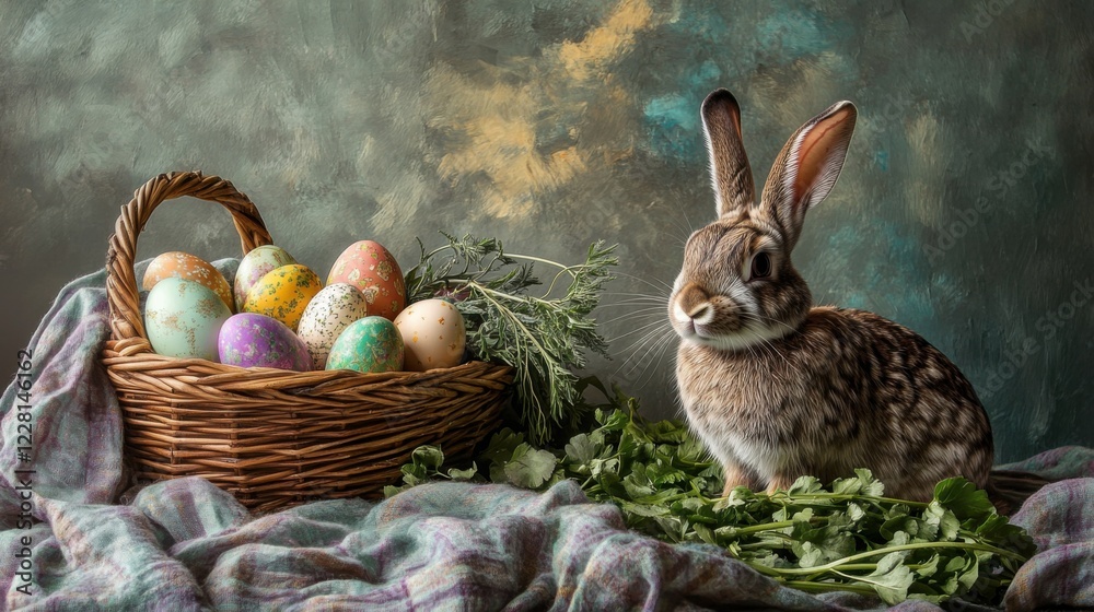 Colorful eggs and a rabbit create a festive atmosphere for spring celebrations in a cozy setting Colorful eggs and a rabbit create a festive atmosphere for spring celebrations in a cozy setting