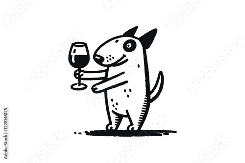 Hand drawn funny bull terrier holding a wine glass 