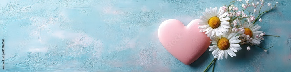 Obraz premium chamomile heart on a blue background. Selective focus