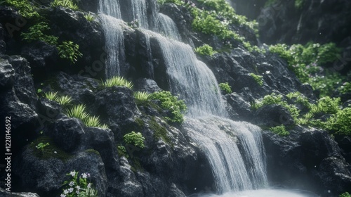 Ethereal multi tiered waterfall over volcanic rocks surrounded by lush greenery and wildflowers photo