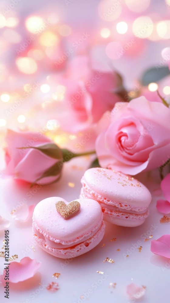 Delicate pink macarons with heart shapes next to roses adorned with sparkling petals Delicate pink macarons with heart shapes next to roses adorned with sparkling petals