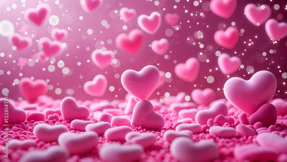 Soft and bright pink hearts of various sizes are scattered throughout, with a bokeh effect and glowing white dots, creating a dreamy and romantic atmosphere. Soft and bright pink hearts of various sizes are scattered throughout, with a bokeh effect and glowing white dots, creating a dreamy and romantic atmosphere.