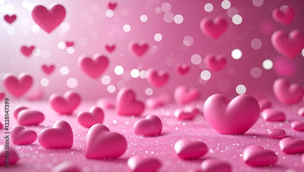Soft and bright pink hearts of various sizes are scattered throughout, with a bokeh effect and glowing white dots, creating a dreamy and romantic atmosphere. Soft and bright pink hearts of various sizes are scattered throughout, with a bokeh effect and glowing white dots, creating a dreamy and romantic atmosphere.