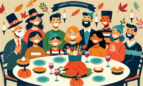 An illustration of a Thanksgiving celebration showing a large family and friends gathered around a festive table with turkey, pies, and drinks.