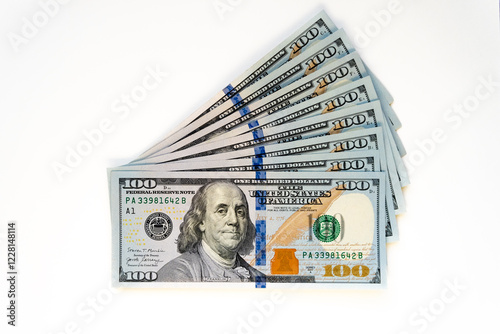 New 100 dollars USA folded like a fan, released after 2013.  White background, isolated.