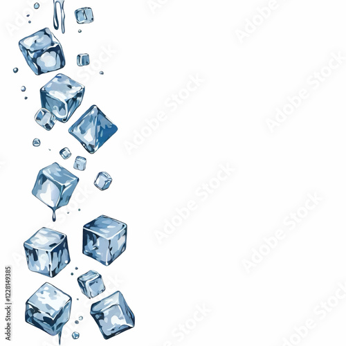 falling ice cubes and water drops decoration vector illustration with white area