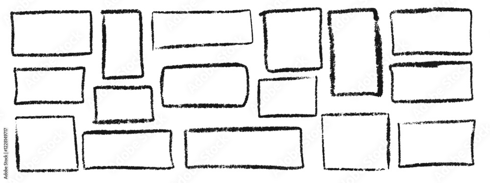 Obraz premium Set of grunge rectangular frames, square shapes drawn in black charcoal, chalk or ink for design, banner, poster, brochure, cover. Inked empty boxes. Vector illustration