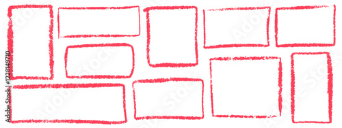 Set of red grunge rectangular frames, square shapes drawn in charcoal, chalk or ink for design, banner, poster, brochure, cover. Inked empty boxes. Vector illustration
