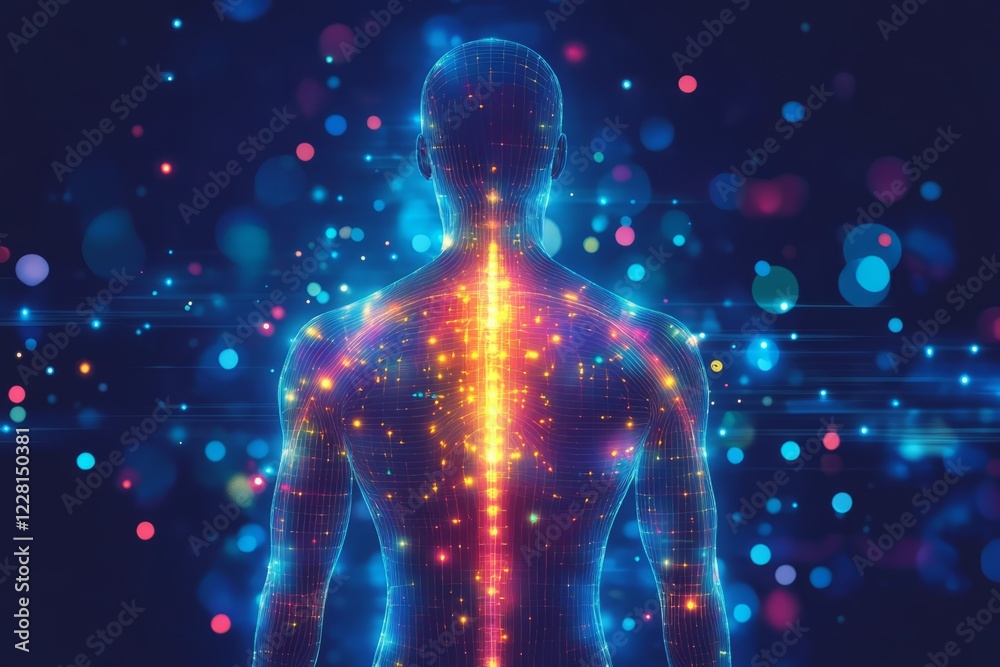 Human back of a body with neural connections of head and brain. Hologram. Universe space inside body and head. Highlighted neural network in brain. Human back of a body with neural connections of head and brain. Hologram. Universe space inside body and head. Highlighted neural network in brain.