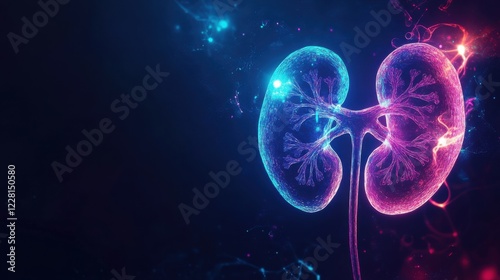 An abstract image of the human renal system with glowing kidneys and dynamic fluid flow lines against a dark background, Neon style, photo of photo