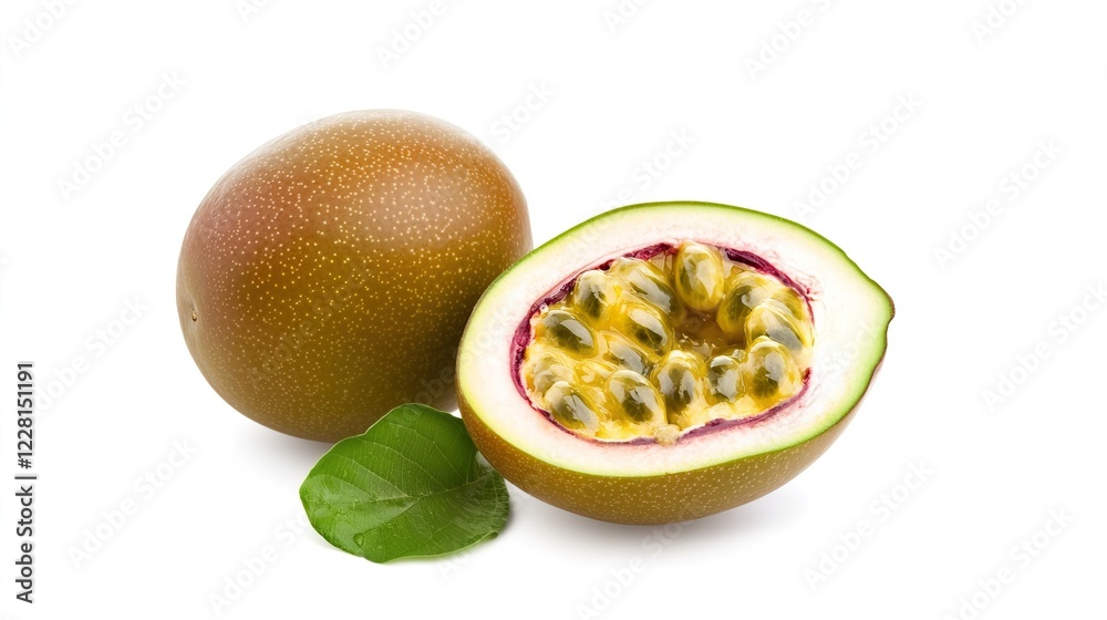 Fresh Passion Fruit Halved with Seeds and Leaf on White Background Fresh Passion Fruit Halved with Seeds and Leaf on White Background