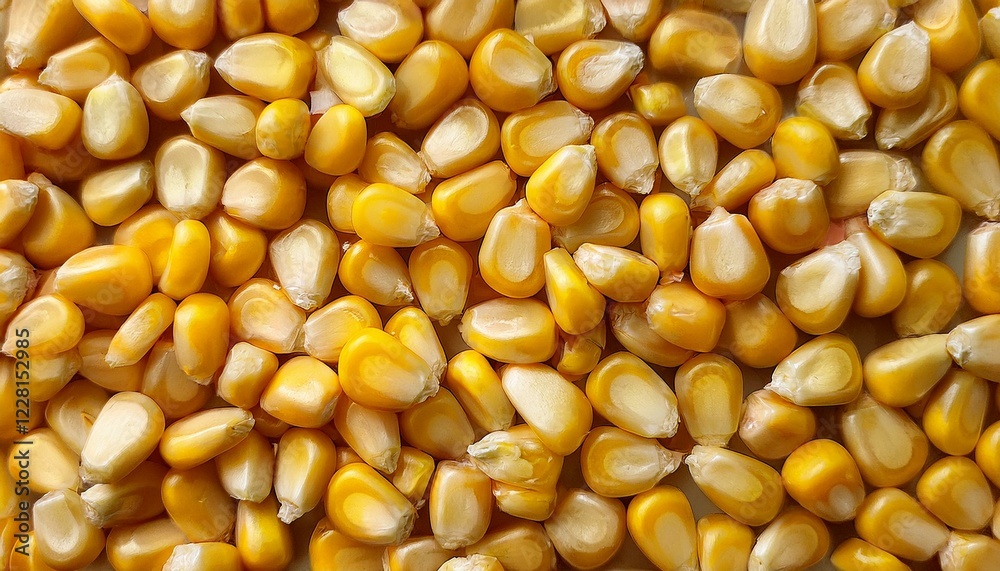 Golden yellow corn kernels randomly spread across the surface, shining vibrantly Golden yellow corn kernels randomly spread across the surface, shining vibrantly