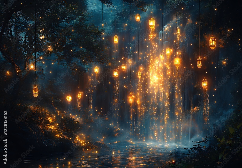 Obraz premium Enchanted Forest Scene with Glowing Lanterns Hanging Amidst Trees at Night