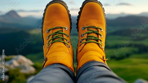 Boots on the Edge of Adventure:  A pair of sturdy, yellow hiking boots dangle over the precipice, overlooking a breathtaking mountain vista. photo