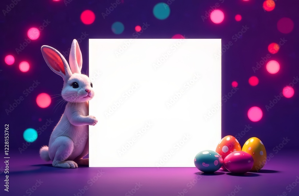 Fototapeta premium In the center is a white postcard, a space for text, from behind which an Easter bunny peeks out and Easter multi-colored eggs lie on a dark neon background with sequins and side. 