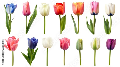 Vibrant Collection of Colorful Tulips Displayed on White Background