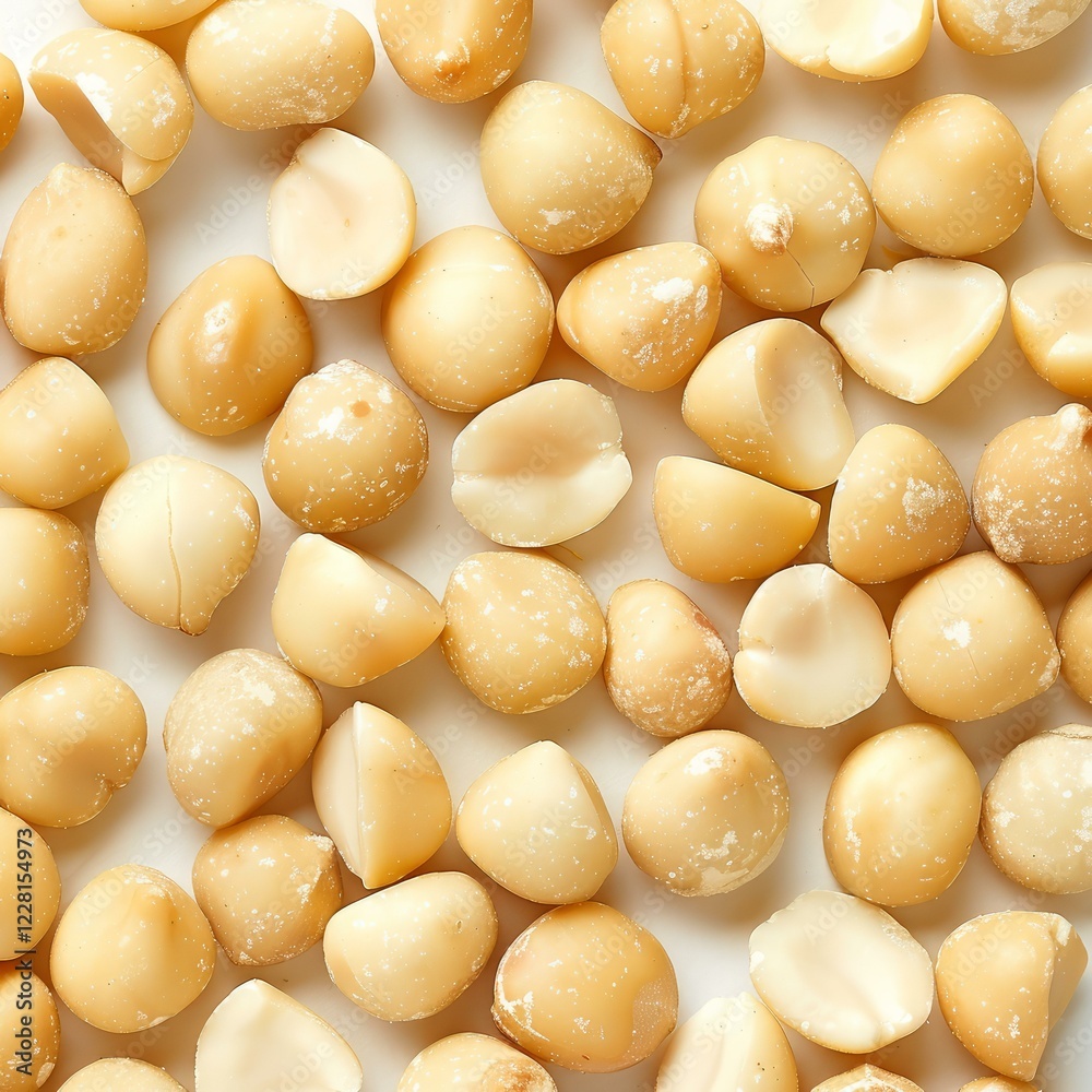 Roasted macadamia nuts are scattered on a white surface, creating a visually appealing texture Roasted macadamia nuts are scattered on a white surface, creating a visually appealing texture