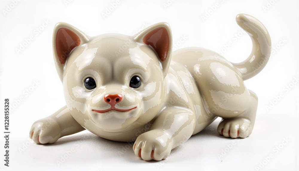 Fototapeta premium Cute ceramic cat figurine lying on a white background