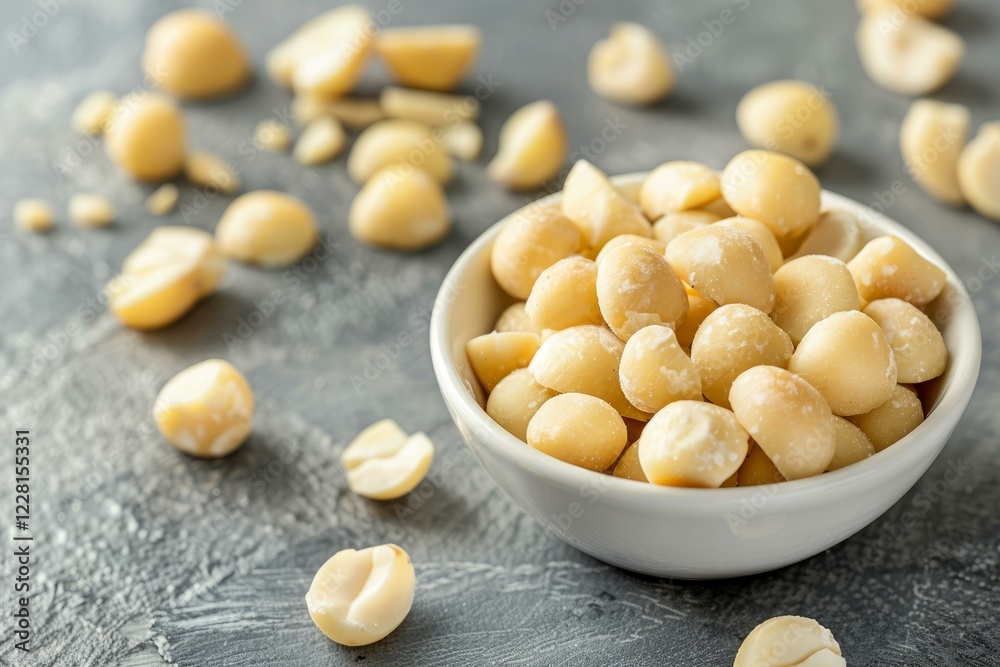 Shelled macadamia nuts filling a small white ceramic bowl, creating a healthy and delicious snack on a textured gray surface Shelled macadamia nuts filling a small white ceramic bowl, creating a healthy and delicious snack on a textured gray surface