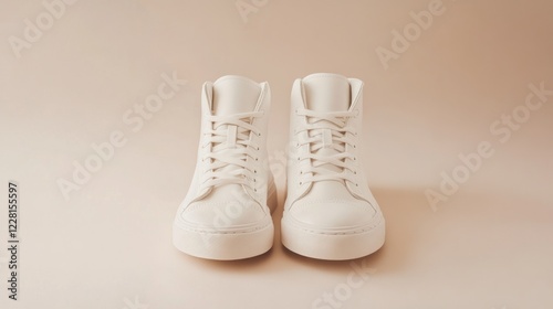 Pair of White High Top Sneakers Shoes on a Beige Background Minimalist Style Fashion Product photo