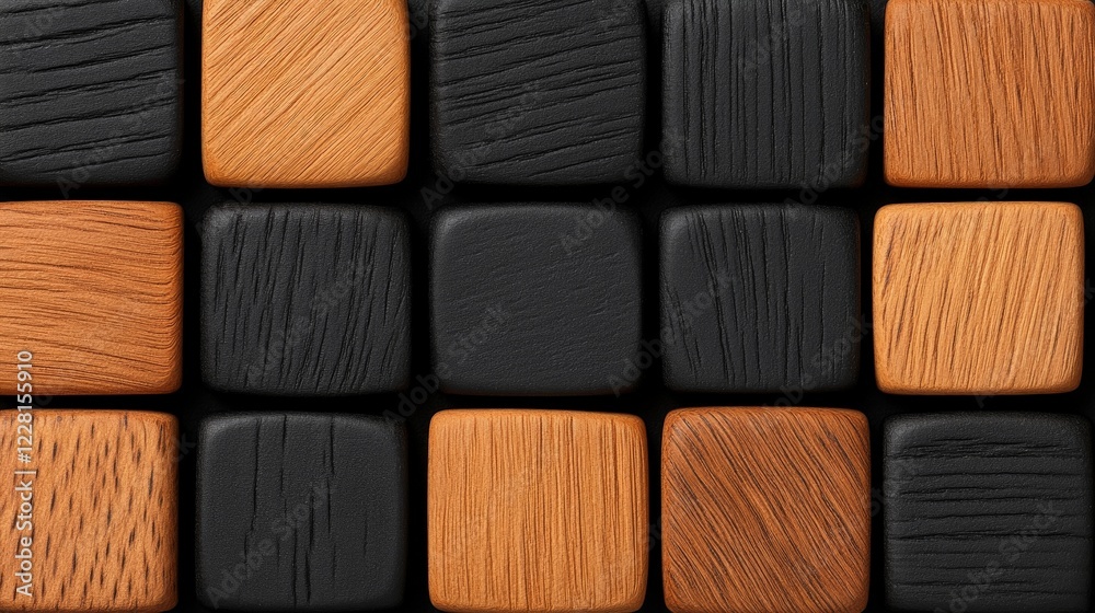 Wooden Blocks Pattern: A captivating image showcasing a grid of contrasting light and dark wood blocks, creating a visually striking pattern with intricate wood grain details. Wooden Blocks Pattern: A captivating image showcasing a grid of contrasting light and dark wood blocks, creating a visually striking pattern with intricate wood grain details.