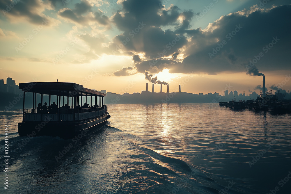 Ferry Crossing Tranquil River with Overcast Sky at Sunset Ferry Crossing Tranquil River with Overcast Sky at Sunset