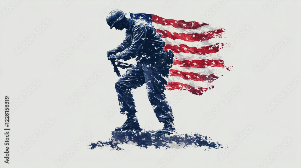 Fototapeta premium A silhouette of a soldier kneeling with a rifle, overlaid with the American flag. The soldier appears solemn, symbolizing sacrifice and patriotism.
