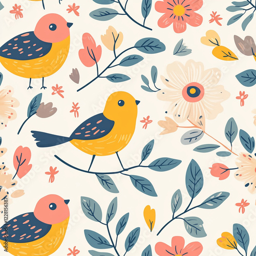 Vector illustration of a bird sitting on a tree branch, pastel colors, spring style