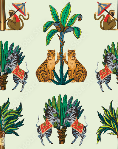 Seamless pattern with zebra, leopard, monkey and jungle trees. Vector.