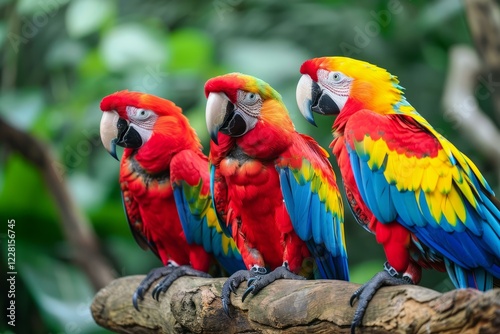 Three scarlet macaws are perching on a branch in a lush tropical forest