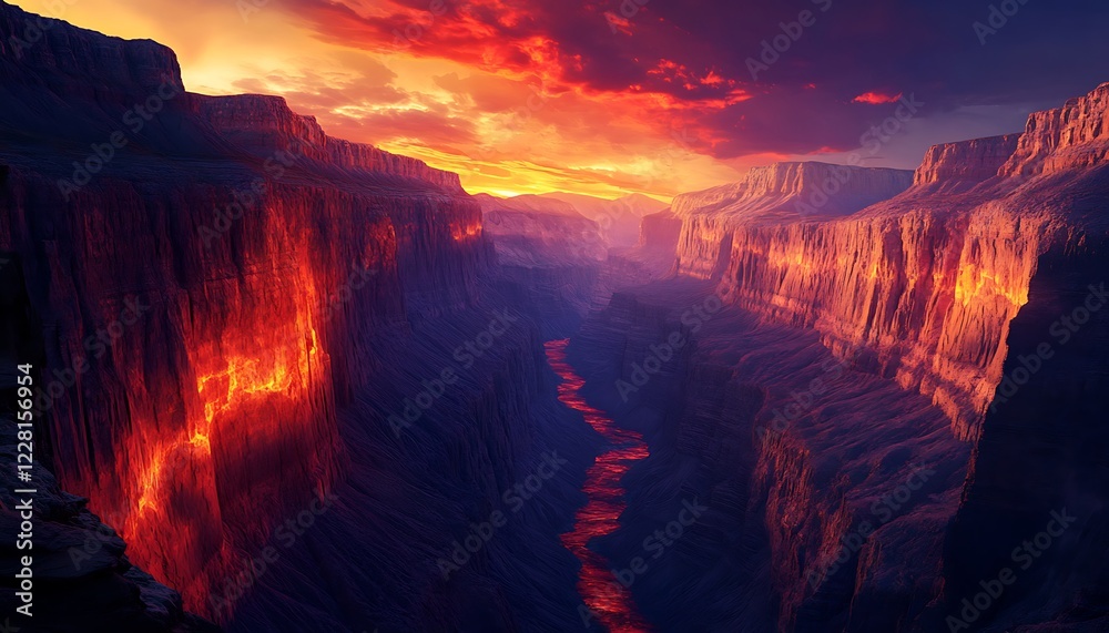 Fototapeta premium Dramatic canyon view with glowing mountain walls under a deep crimson sunset
