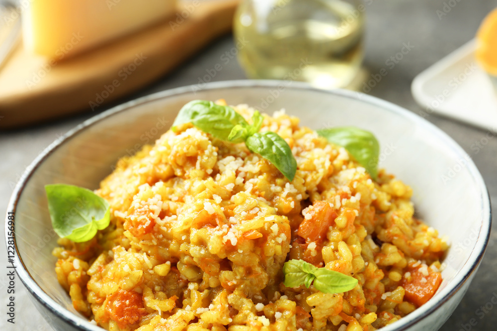 Delicious pumpkin risotto with basil on table, closeup Delicious pumpkin risotto with basil on table, closeup