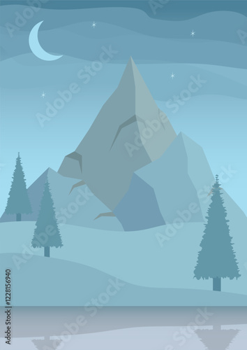 Winter night landscape with ice mountains, frozen lake and trees