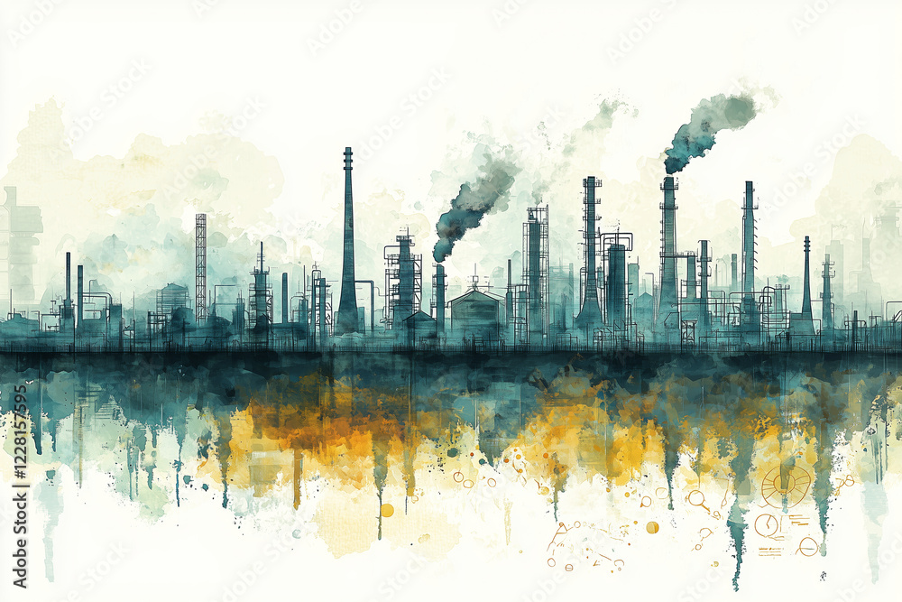Obraz premium surreal industrial landscape featuring towering smokestacks and reflections in water, showcasing blend of colors and abstract forms. scene evokes sense of both beauty and pollution