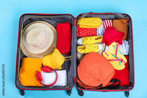 Travel abroad. Packed suitcase on light blue background, top view