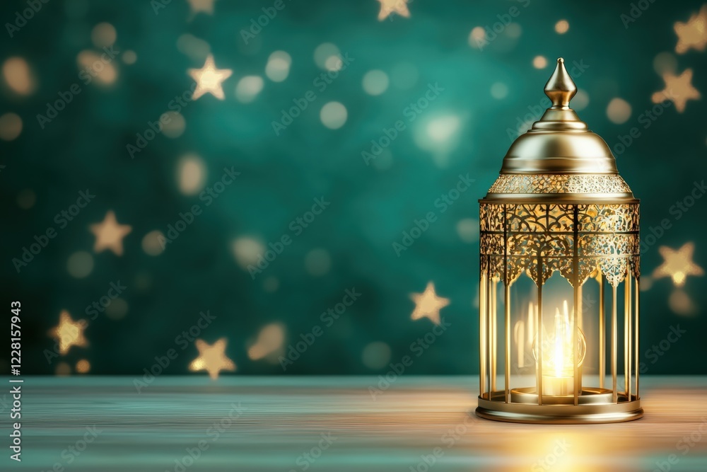 A thoughtfully arranged table showcases deep green textiles and gold accents, highlighting a brass lantern at the center and soft star-shaped lights creating a warm ambiance A thoughtfully arranged table showcases deep green textiles and gold accents, highlighting a brass lantern at the center and soft star-shaped lights creating a warm ambiance