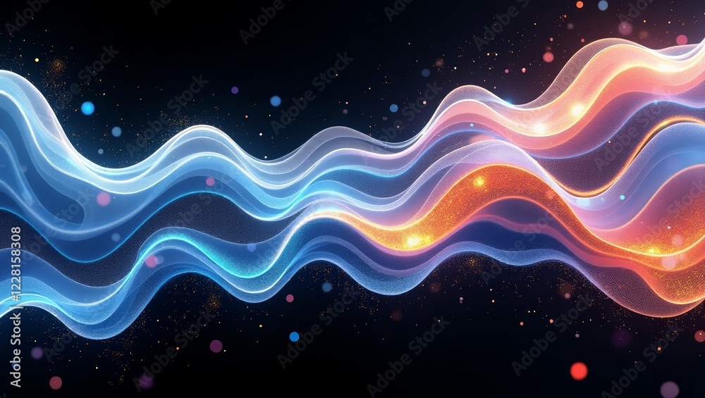 Fototapeta premium Abstract blue and orange glowing waves on black background
