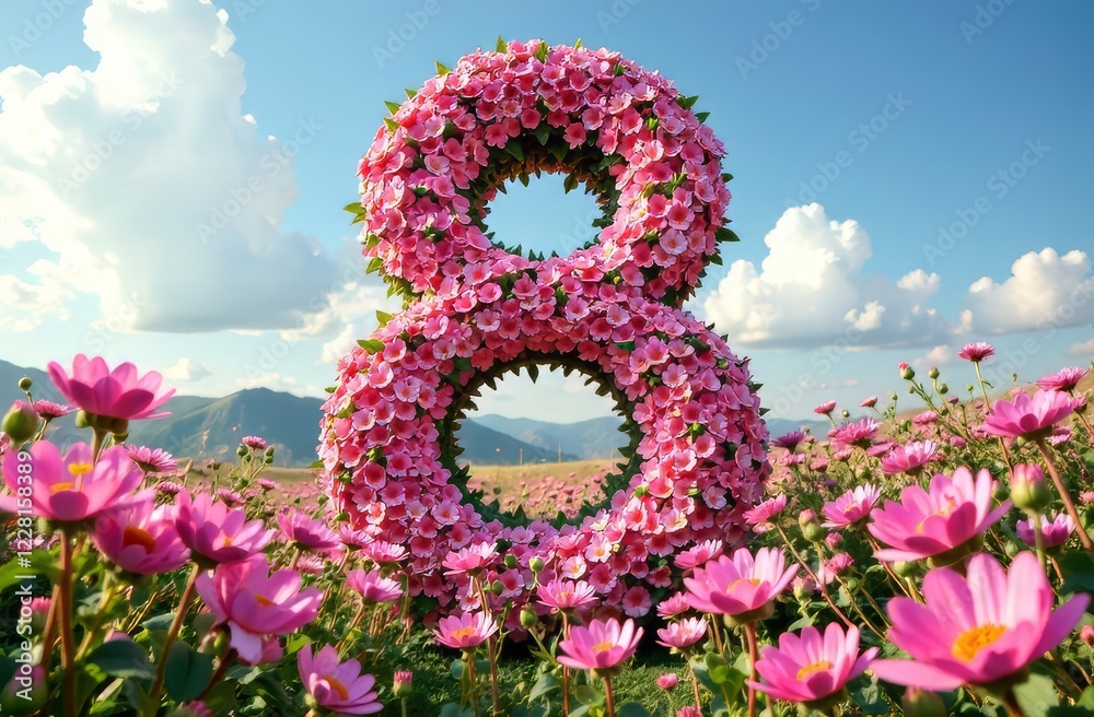 Fototapeta premium A large number 8 consisting of delicate pink flowers and leaves against the background of a flower field and clouds. The concept of International Women's Day, March 8, congratulations.