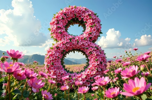 A large number 8 consisting of delicate pink flowers and leaves against the background of a flower field and clouds. The concept of International Women's Day, March 8, congratulations.
