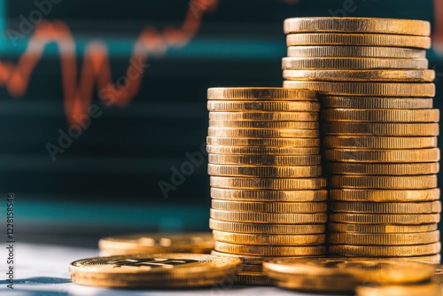 Close-up of stacked coins representing financial growth and investment, illustrated by a fluctuating graph in the background. photo