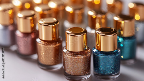 Glittery nail polish bottles with gold caps in various colors. photo