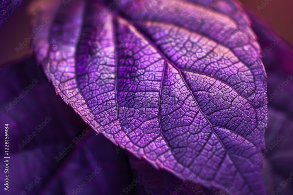 Fototapeta premium Close up of a vibrant purple leaf revealing its intricate vein structure, creating a captivating natural pattern