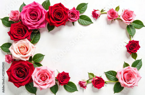 Rose flower frame in red, cream and pink shades on a white background with space in the center for text. The concept of postcards, congratulations, information.